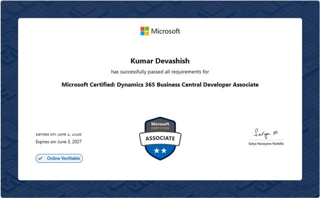 Redacted Microsoft certificate for Kumar Devashish, Dynamics 365 Business Central Developer Associate