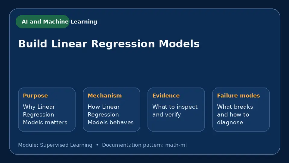 Concept map for Build Linear Regression Models showing purpose, mechanism, verification evidence and failure modes.
