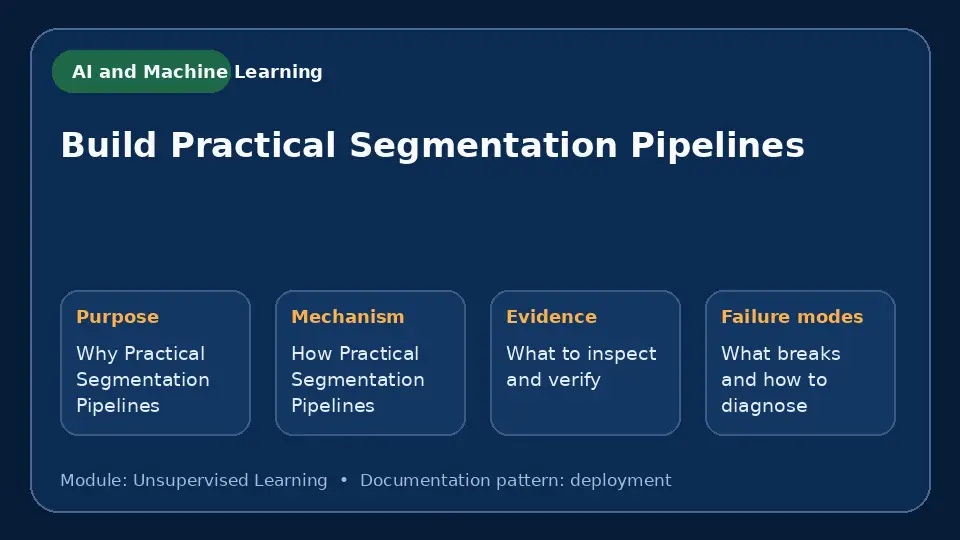 Concept map for Build Practical Segmentation Pipelines showing purpose, mechanism, verification evidence and failure modes.