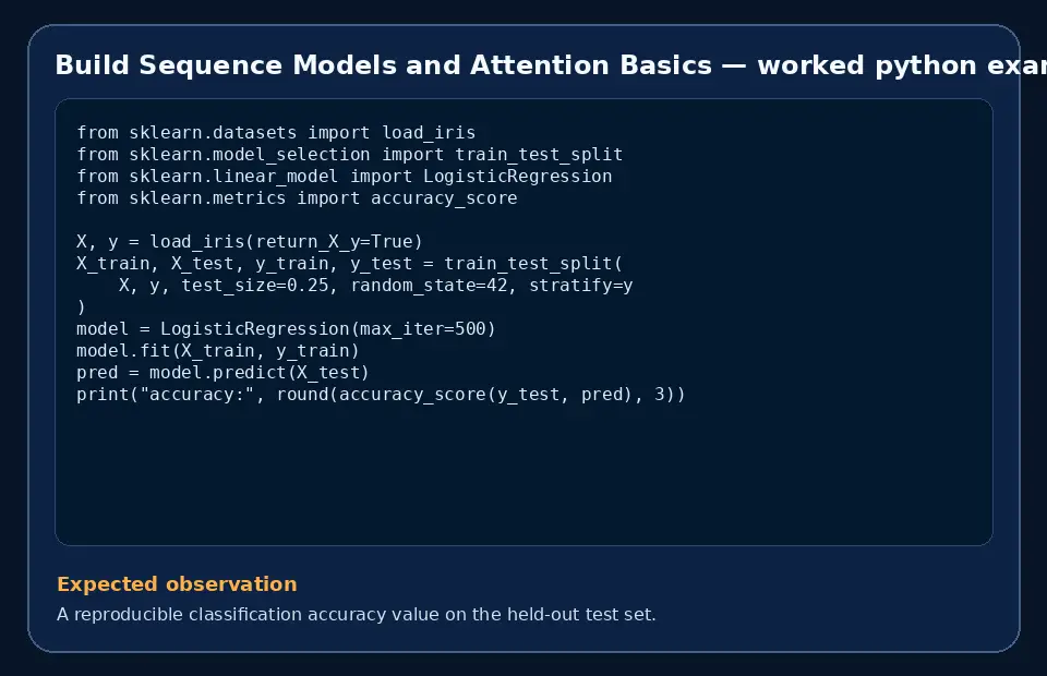Code example for Build Sequence Models and Attention Basics with the expected observation.