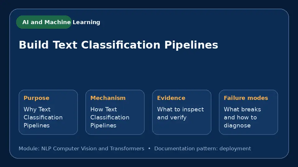Concept map for Build Text Classification Pipelines showing purpose, mechanism, verification evidence and failure modes.