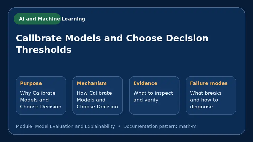 Concept map for Calibrate Models and Choose Decision Thresholds showing purpose, mechanism, verification evidence and failure modes.