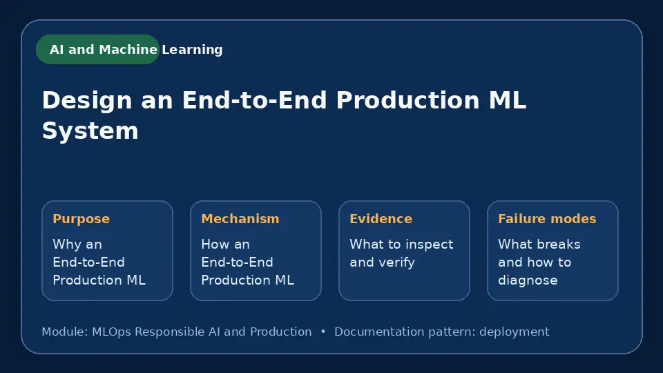 Concept map for Design an End-to-End Production ML System showing purpose, mechanism, verification evidence and failure modes.