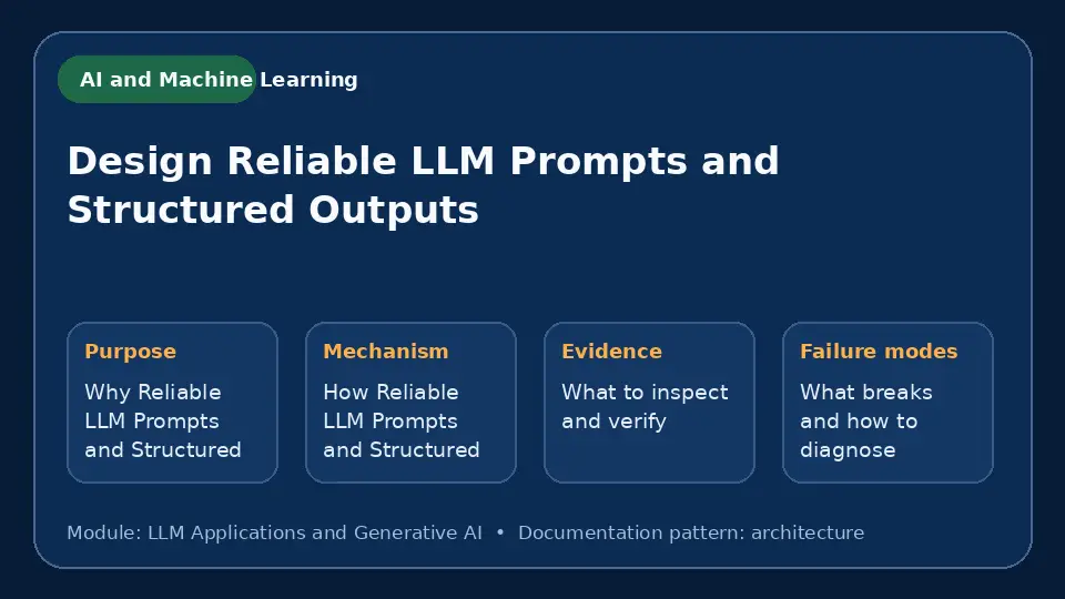 Concept map for Design Reliable LLM Prompts and Structured Outputs showing purpose, mechanism, verification evidence and failure modes.