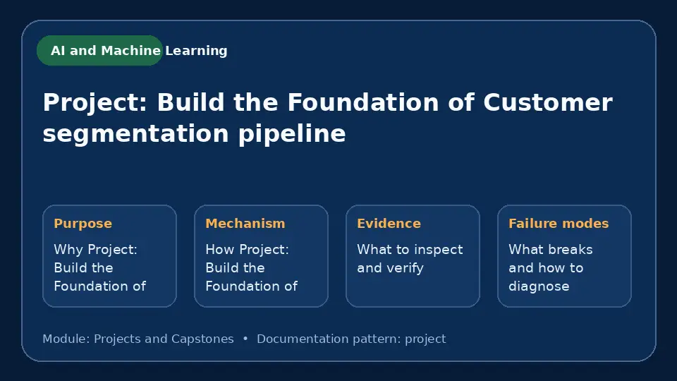 Concept map for Project: Build the Foundation of Customer segmentation pipeline showing purpose, mechanism, verification evidence and failure modes.