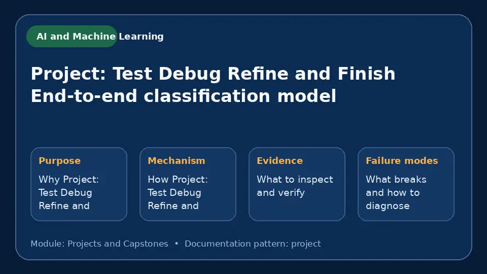 Concept map for Project: Test Debug Refine and Finish End-to-end classification model showing purpose, mechanism, verification evidence and failure modes.
