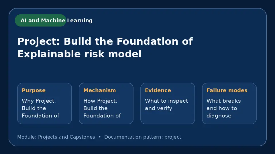 Concept map for Project: Build the Foundation of Explainable risk model showing purpose, mechanism, verification evidence and failure modes.