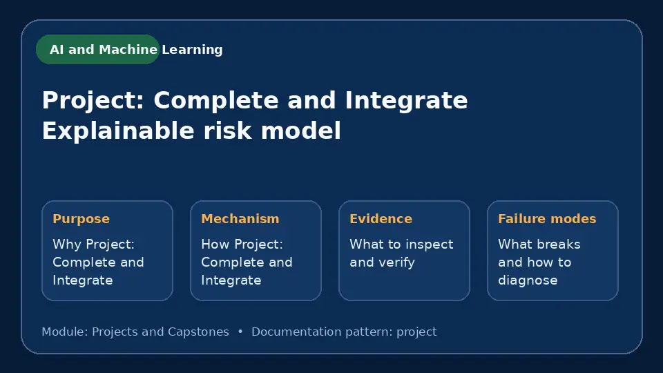 Concept map for Project: Complete and Integrate Explainable risk model showing purpose, mechanism, verification evidence and failure modes.