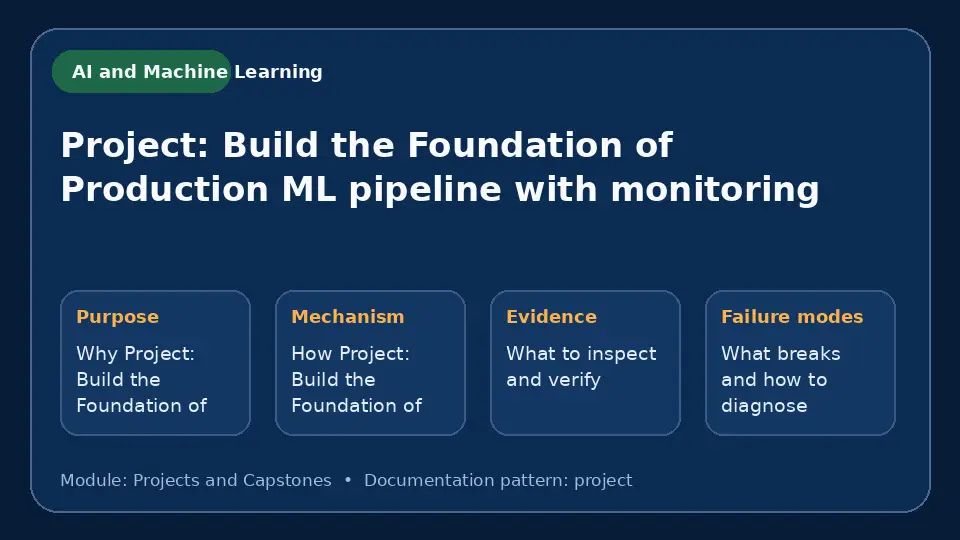 Concept map for Project: Build the Foundation of Production ML pipeline with monitoring showing purpose, mechanism, verification evidence and failure modes.