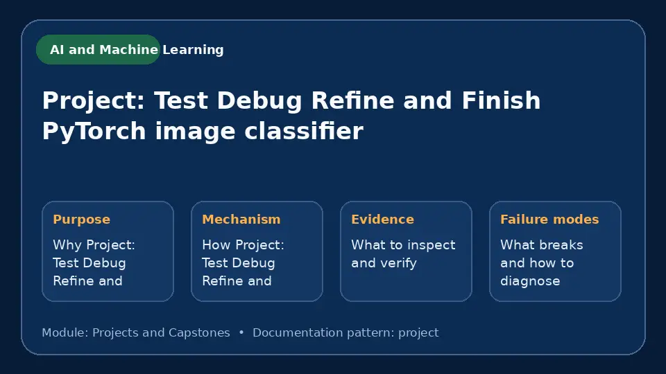 Concept map for Project: Test Debug Refine and Finish PyTorch image classifier showing purpose, mechanism, verification evidence and failure modes.