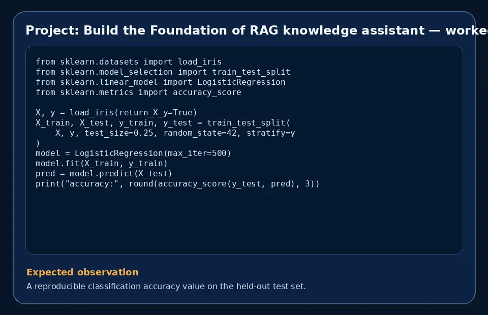 Code example for Project: Build the Foundation of RAG knowledge assistant with the expected observation.