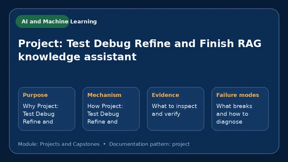 Concept map for Project: Test Debug Refine and Finish RAG knowledge assistant showing purpose, mechanism, verification evidence and failure modes.