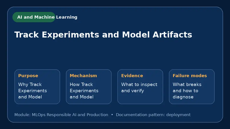 Concept map for Track Experiments and Model Artifacts showing purpose, mechanism, verification evidence and failure modes.