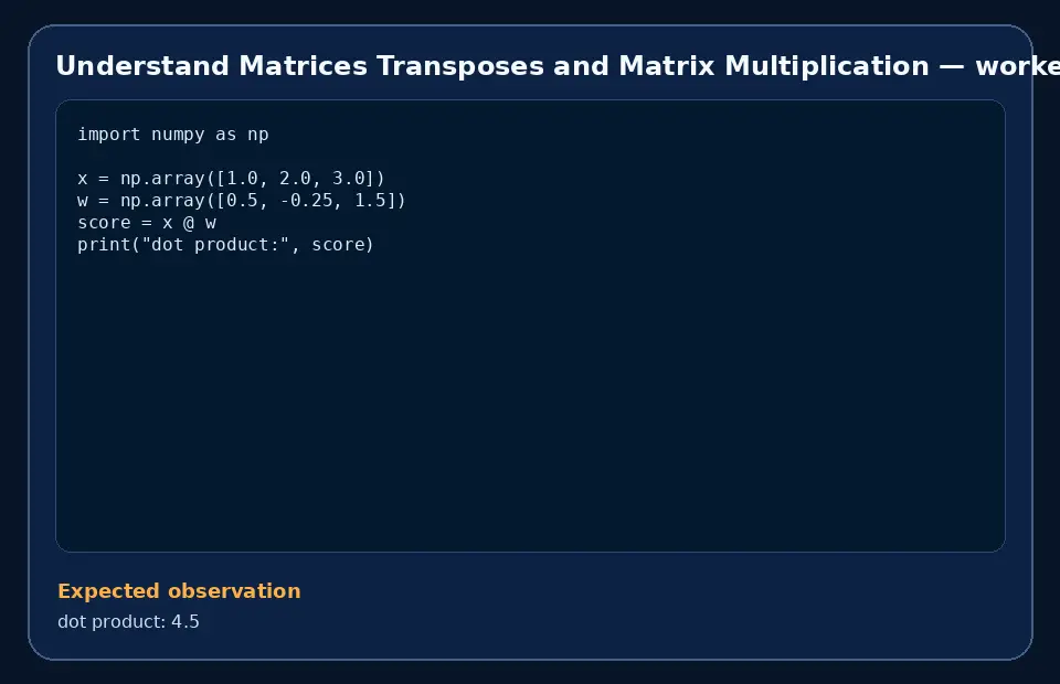Code example for Understand Matrices Transposes and Matrix Multiplication with the expected observation.
