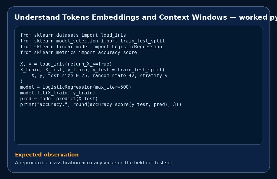 Code example for Understand Tokens Embeddings and Context Windows with the expected observation.