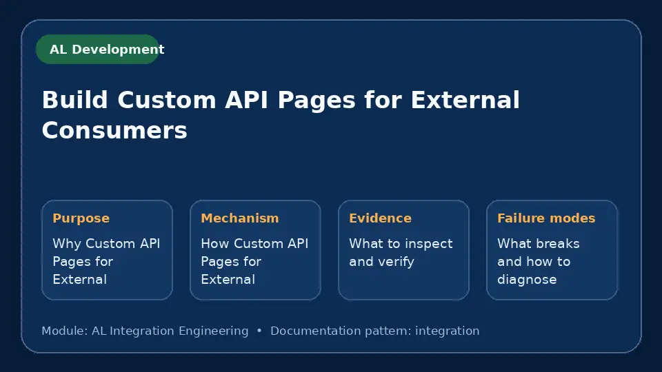 Concept map for Build Custom API Pages for External Consumers showing purpose, mechanism, verification evidence and failure modes.