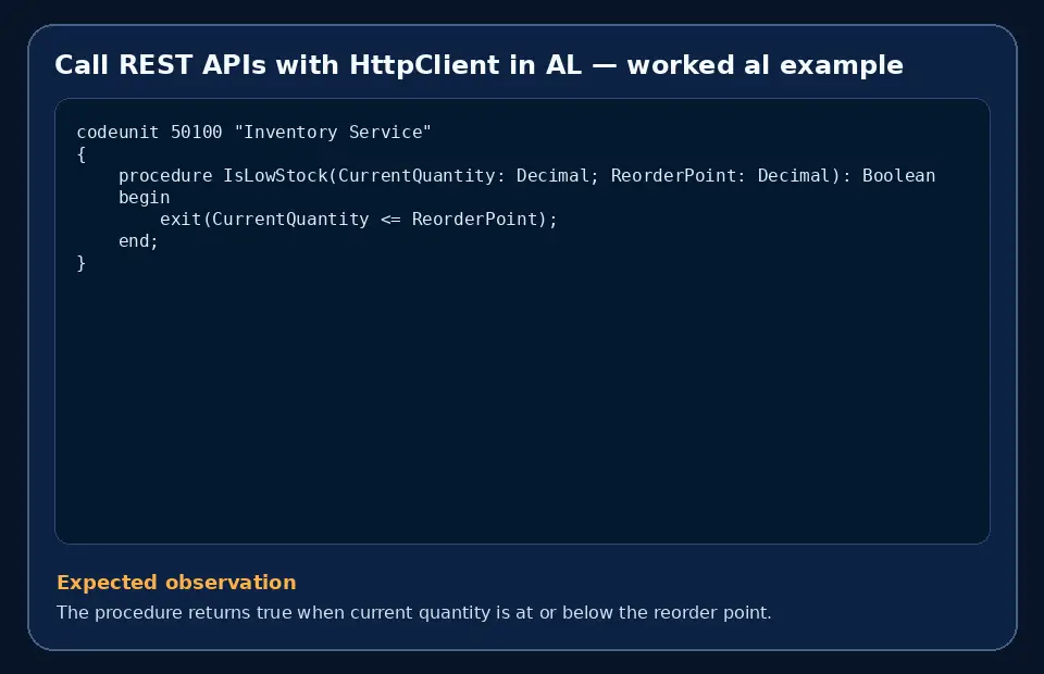 Code example for Call REST APIs with HttpClient in AL with the expected observation.