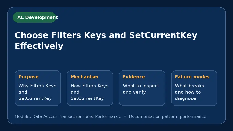 Concept map for Choose Filters Keys and SetCurrentKey Effectively showing purpose, mechanism, verification evidence and failure modes.