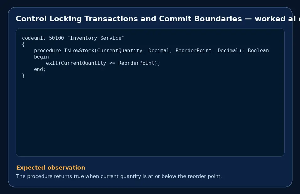 Code example for Control Locking Transactions and Commit Boundaries with the expected observation.