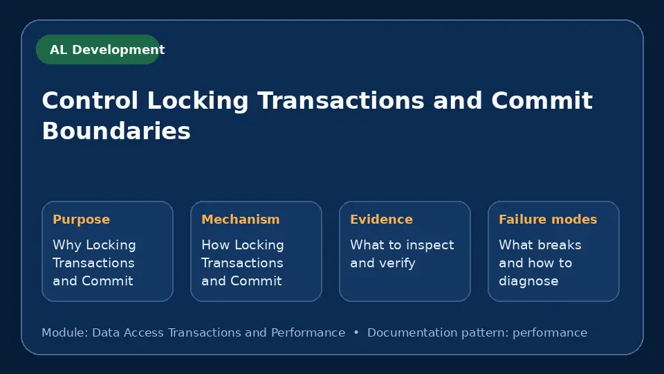 Concept map for Control Locking Transactions and Commit Boundaries showing purpose, mechanism, verification evidence and failure modes.