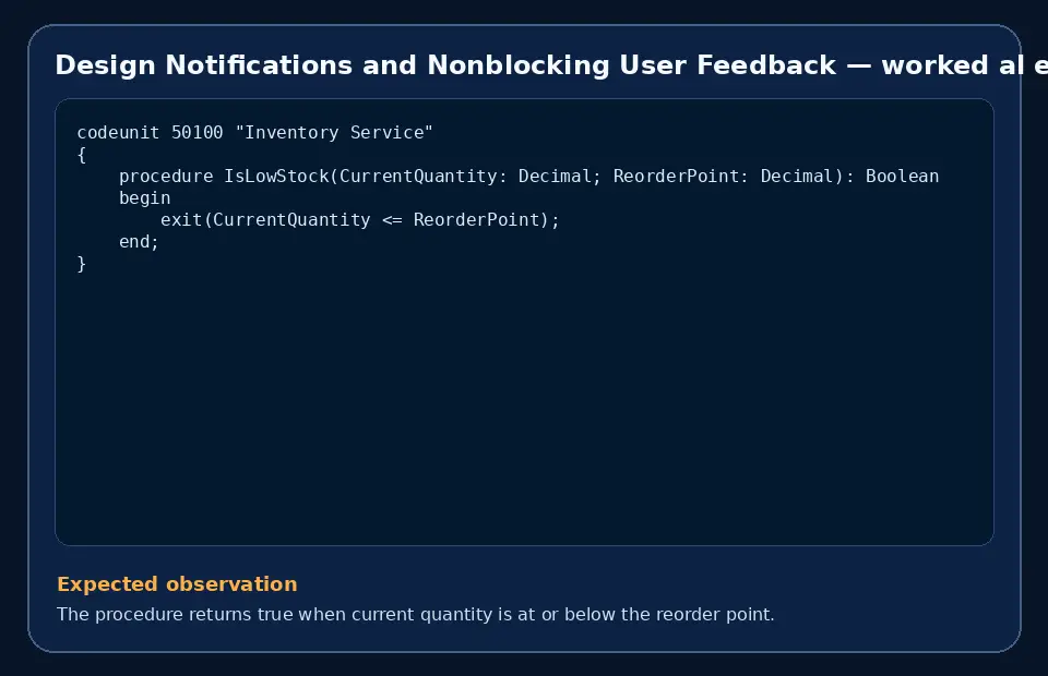 Code example for Design Notifications and Nonblocking User Feedback with the expected observation.