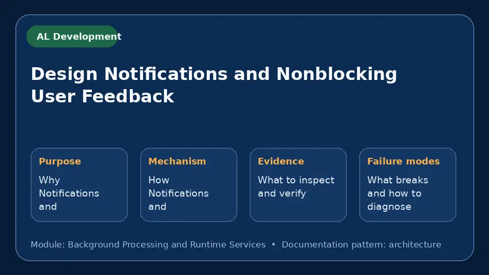 Concept map for Design Notifications and Nonblocking User Feedback showing purpose, mechanism, verification evidence and failure modes.
