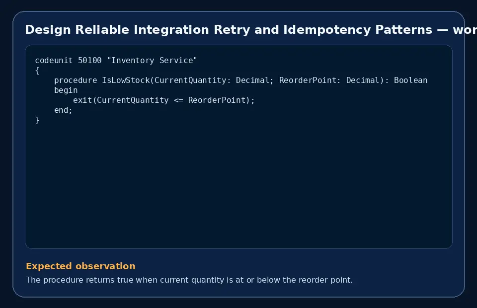 Code example for Design Reliable Integration Retry and Idempotency Patterns with the expected observation.