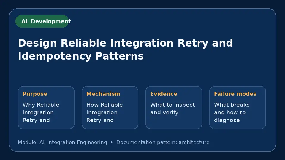 Concept map for Design Reliable Integration Retry and Idempotency Patterns showing purpose, mechanism, verification evidence and failure modes.
