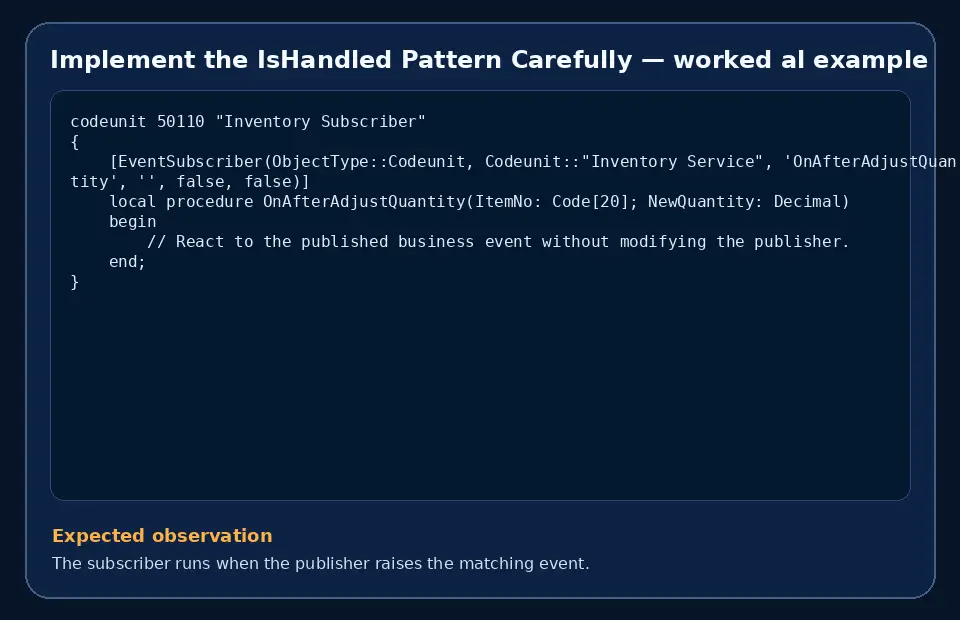 Code example for Implement the IsHandled Pattern Carefully with the expected observation.