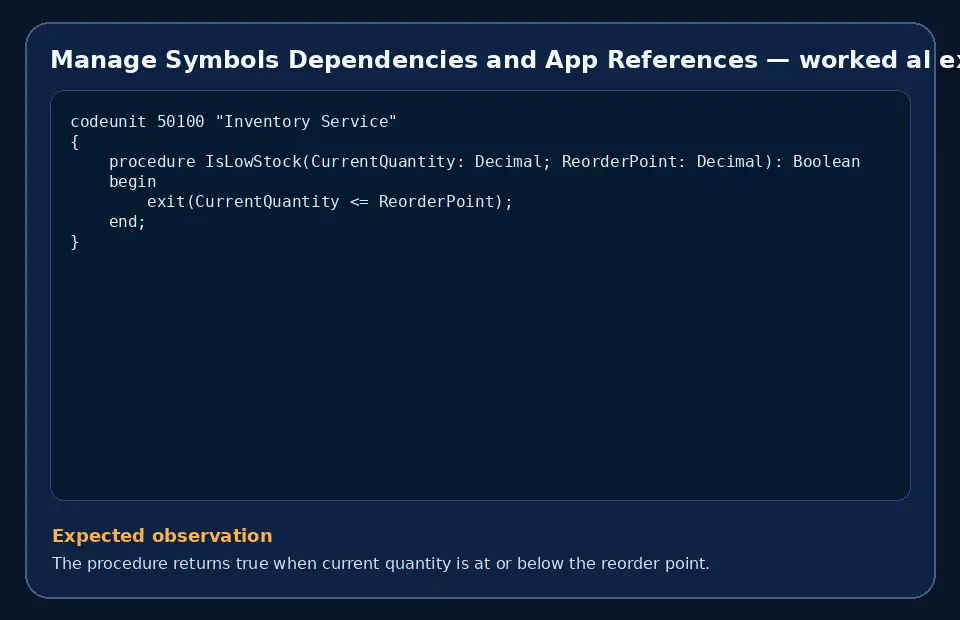 Code example for Manage Symbols Dependencies and App References with the expected observation.