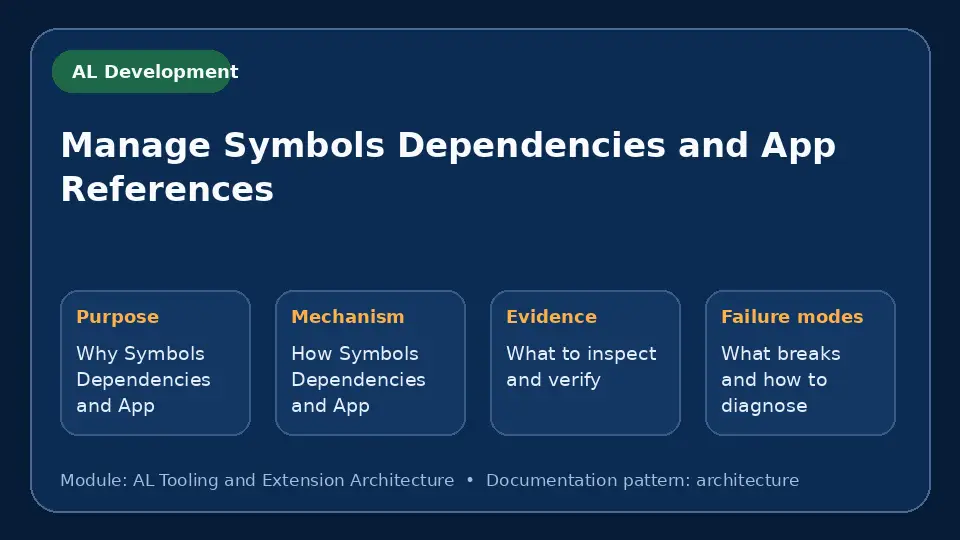 Concept map for Manage Symbols Dependencies and App References showing purpose, mechanism, verification evidence and failure modes.