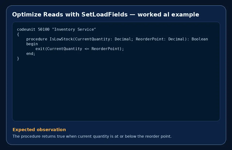 Code example for Optimize Reads with SetLoadFields with the expected observation.