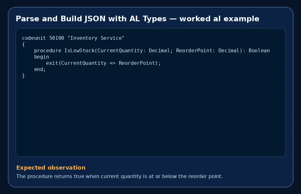 Code example for Parse and Build JSON with AL Types with the expected observation.