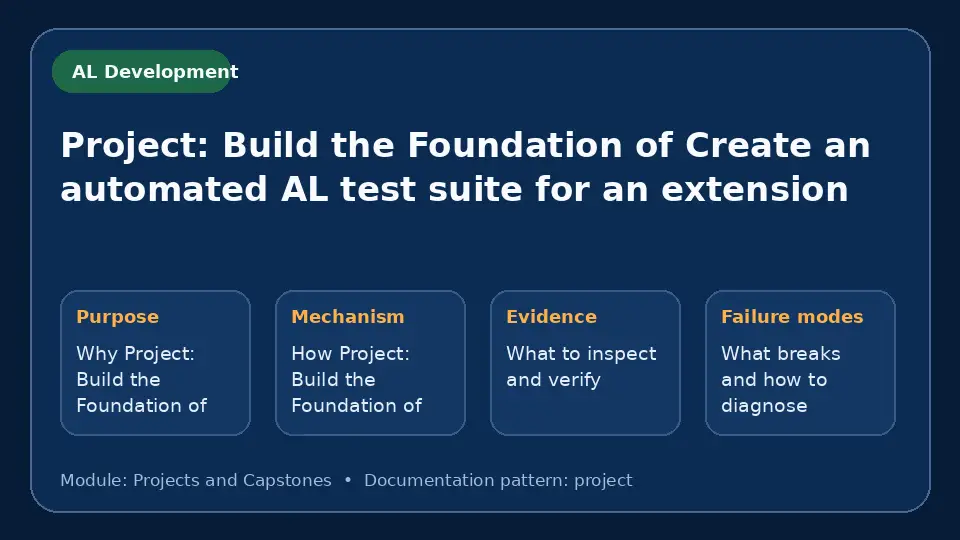 Concept map for Project: Build the Foundation of Create an automated AL test suite for an extension showing purpose, mechanism, verification evidence and failure modes.