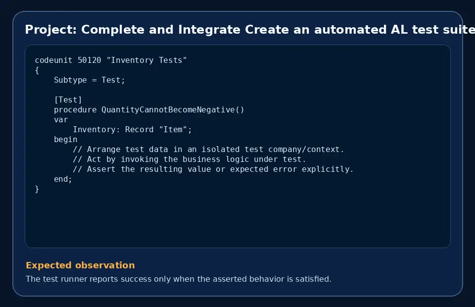 Code example for Project: Complete and Integrate Create an automated AL test suite for an extension with the expected observation.