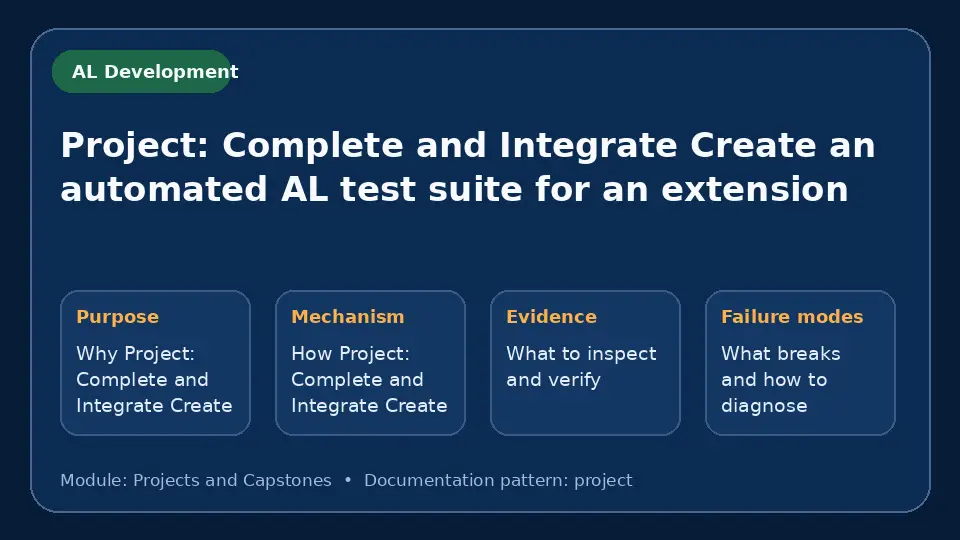 Concept map for Project: Complete and Integrate Create an automated AL test suite for an extension showing purpose, mechanism, verification evidence and failure modes.