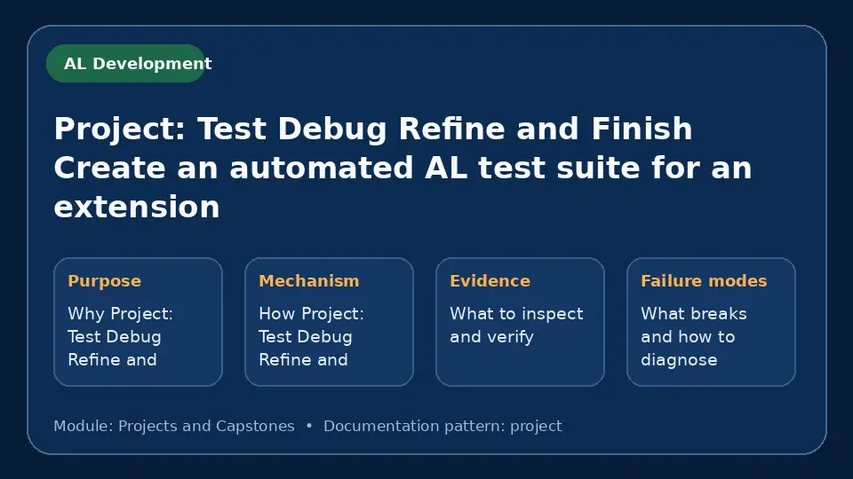 Concept map for Project: Test Debug Refine and Finish Create an automated AL test suite for an extension showing purpose, mechanism, verification evidence and failure modes.