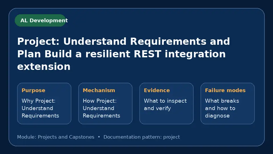 Concept map for Project: Understand Requirements and Plan Build a resilient REST integration extension showing purpose, mechanism, verification evidence and failure modes.