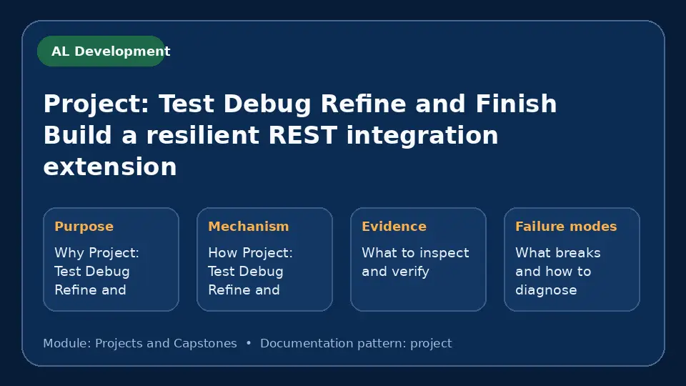 Concept map for Project: Test Debug Refine and Finish Build a resilient REST integration extension showing purpose, mechanism, verification evidence and failure modes.