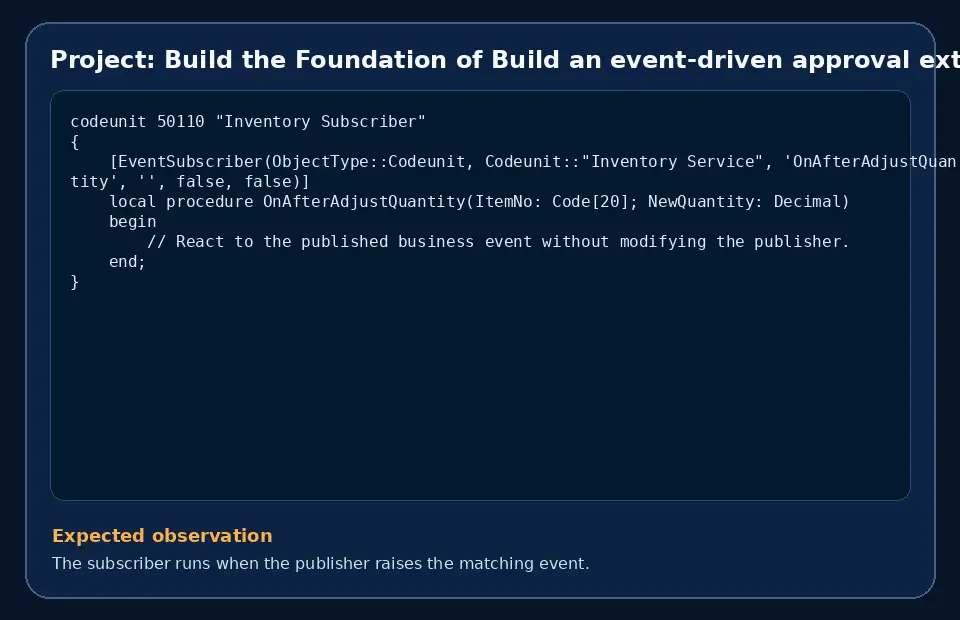 Code example for Project: Build the Foundation of Build an event-driven approval extension with the expected observation.