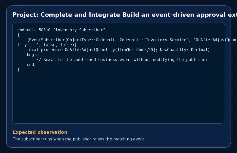 Code example for Project: Complete and Integrate Build an event-driven approval extension with the expected observation.
