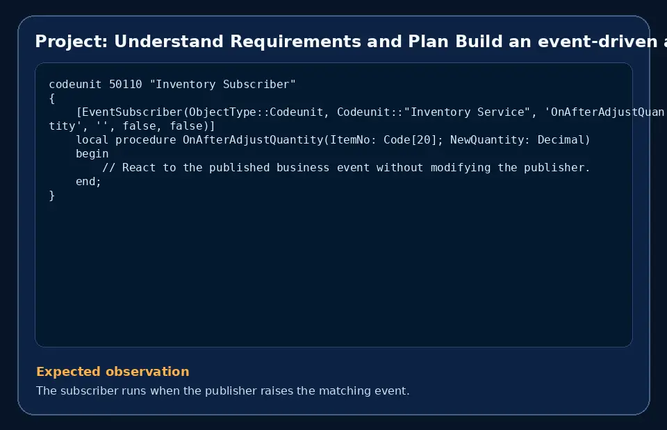 Code example for Project: Understand Requirements and Plan Build an event-driven approval extension with the expected observation.