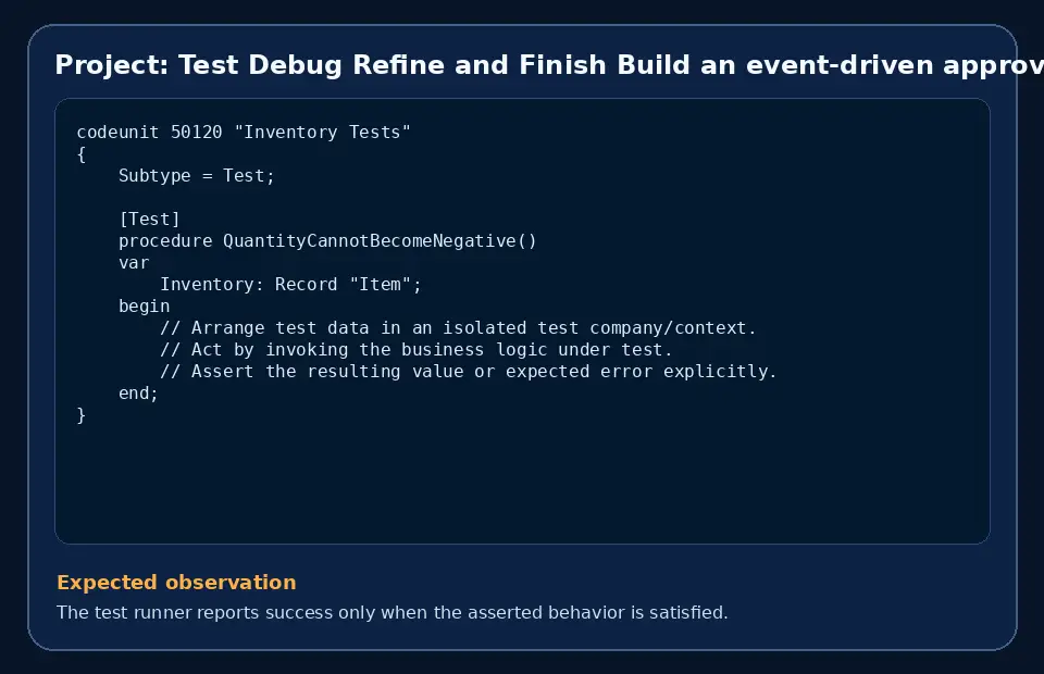 Code example for Project: Test Debug Refine and Finish Build an event-driven approval extension with the expected observation.