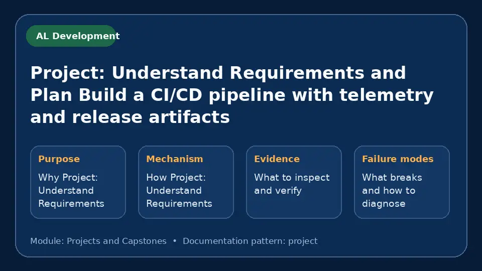 Concept map for Project: Understand Requirements and Plan Build a CI/CD pipeline with telemetry and release artifacts showing purpose, mechanism, verification evidence and failure modes.