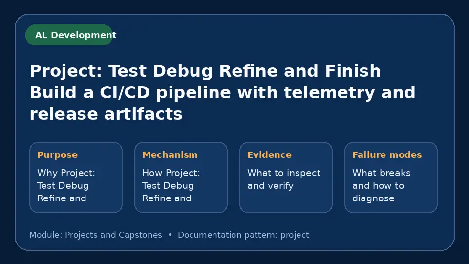 Concept map for Project: Test Debug Refine and Finish Build a CI/CD pipeline with telemetry and release artifacts showing purpose, mechanism, verification evidence and failure modes.