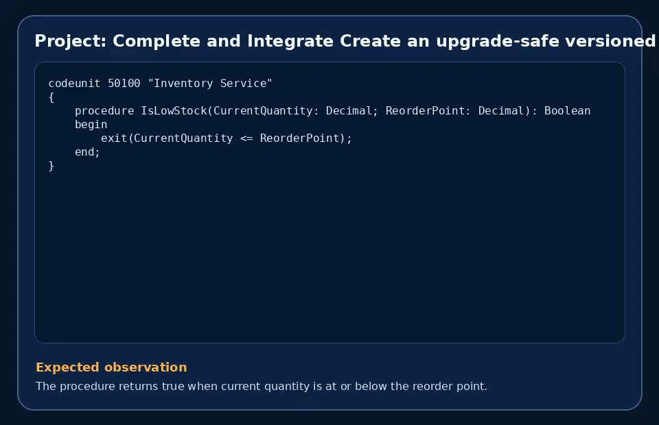 Code example for Project: Complete and Integrate Create an upgrade-safe versioned extension with the expected observation.