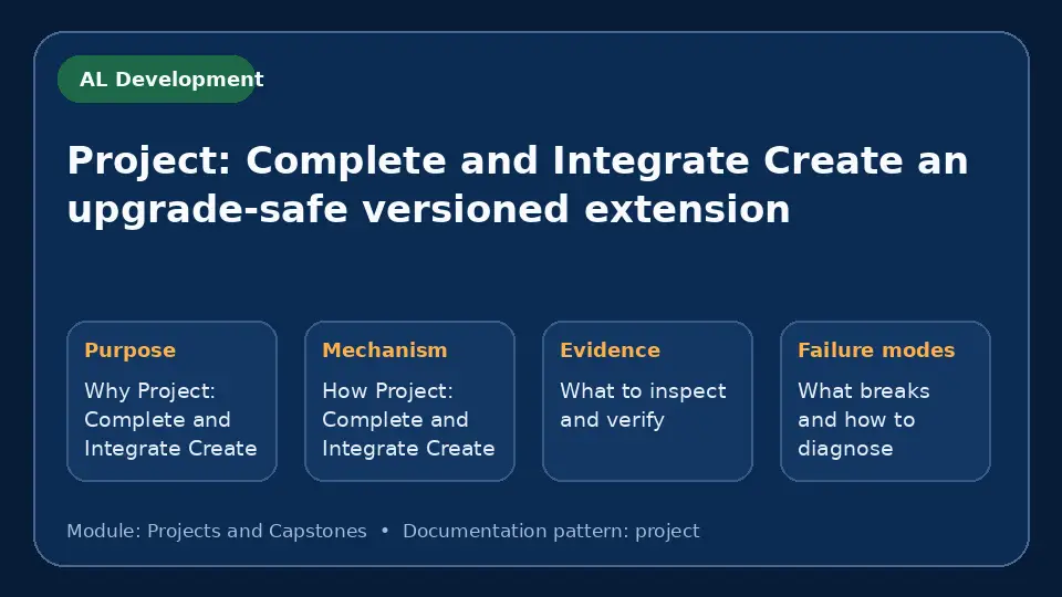 Concept map for Project: Complete and Integrate Create an upgrade-safe versioned extension showing purpose, mechanism, verification evidence and failure modes.