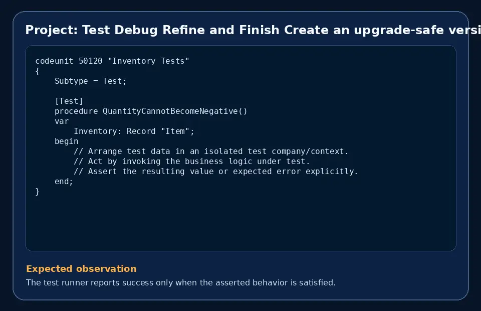 Code example for Project: Test Debug Refine and Finish Create an upgrade-safe versioned extension with the expected observation.