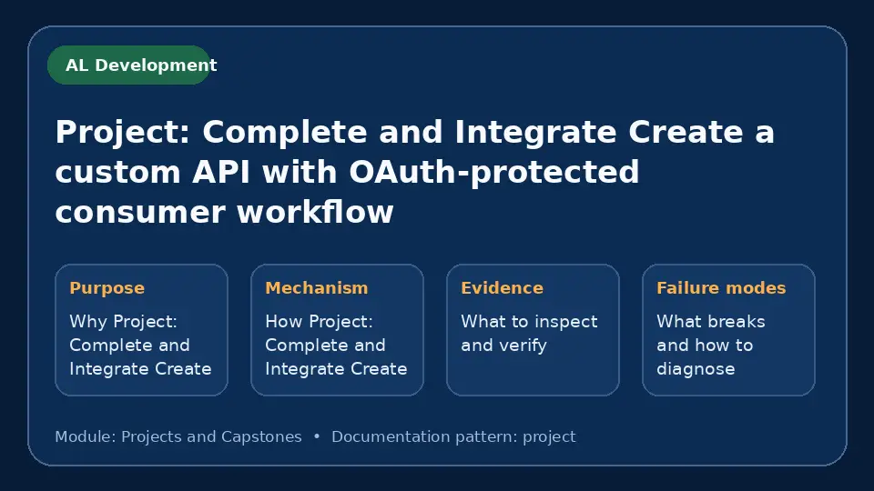Concept map for Project: Complete and Integrate Create a custom API with OAuth-protected consumer workflow showing purpose, mechanism, verification evidence and failure modes.