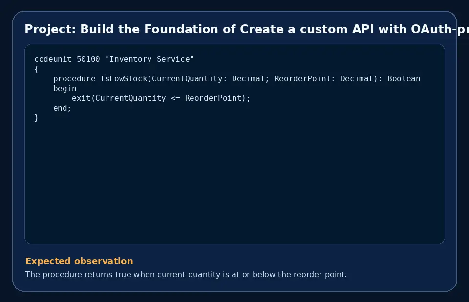 Code example for Project: Build the Foundation of Create a custom API with OAuth-protected consumer workflow with the expected observation.